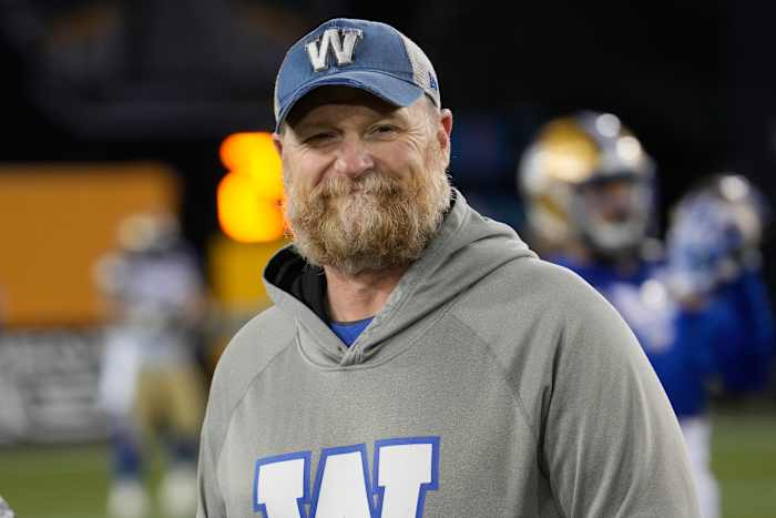 Nov 19, 2023; Hamilton, Ontario, CAN; Winnipeg Blue Bombers head coach Mike O'Shea during warm up before a game against the Montreal Alouettes at Tim Hortons Field. Mandatory Credit: John E. Sokolowski-USA TODAY Sports